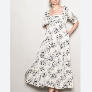 Elloh Cream Floral Smocked Shoulder Tie Tiered Maxi Dress medium